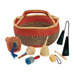 African Bolga Market Basket and Set of 6 African Music Instruments