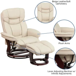 Allie Recliner Chair with Ottoman | Beige LeatherSoft Swivel Recliner Chair with Ottoman Footrest