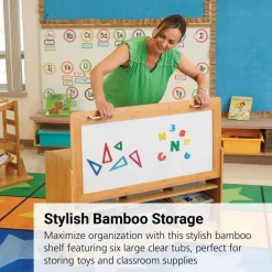 Bamboo Hide-away Shelf with 6 Large Tubs- Clear