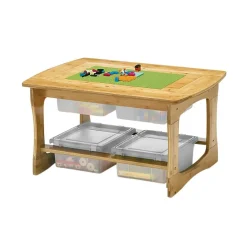 Bamboo Sensory and Construction Bricks Table with clear tubs