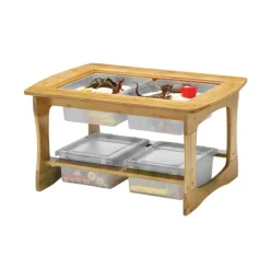 Bamboo Sensory and Construction Bricks Table with clear tubs