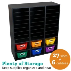 Black 27-Slot Mail And Supplies Center With 6 Cubbies And Baskets 6 Colors