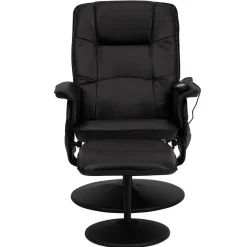 Cason Massaging Adjustable Recliner with Deep Side Pockets and Ottoman with Wrapped Base in Black LeatherSoft