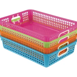 Classroom Paper Baskets with White Handles, Set of 4 - Neon