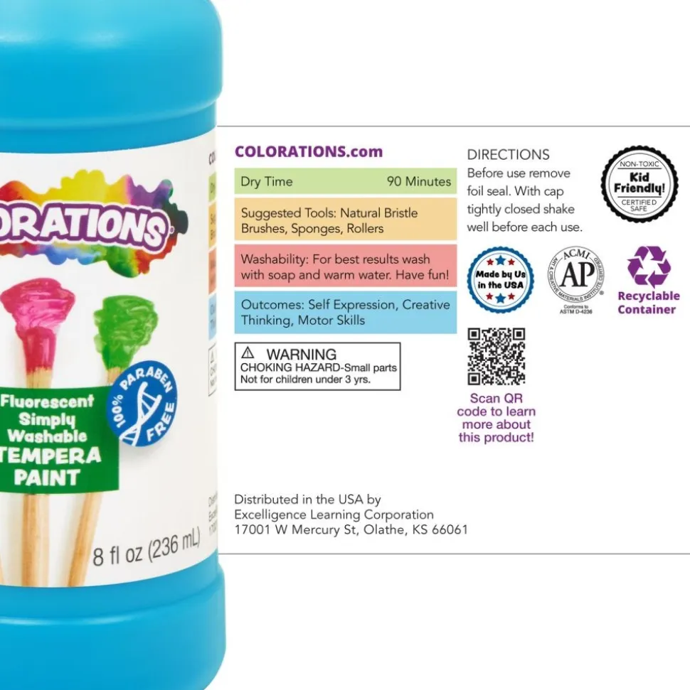 Colorations® Paraben-Free Fluorescent Simply Washable Tempera Paint- Set of 6, 8 oz. each