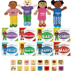 Excellerations® English & Spanish Emotions Books + Dolls and Blocks Kit 1 - 8 books 4 dolls 16 blocks