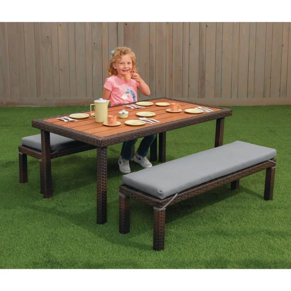Excellerations® Outdoor Wicker Dining Set, 3-Piece Set with Table and 2 Benches (Preschool Height)