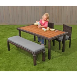 Excellerations® Outdoor Wicker Dining Set, 4-Piece Set with Table, Bench, and 2 Chairs (Preschool Height)