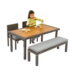 Excellerations® Outdoor Wicker Dining Set, 4-Piece Set with Table, Bench, and 2 Chairs (Preschool Height)