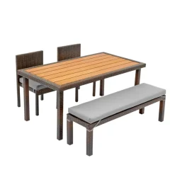 Excellerations® Outdoor Wicker Dining Set, 4-Piece Set with Table, Bench, and 2 Chairs (Preschool Height)