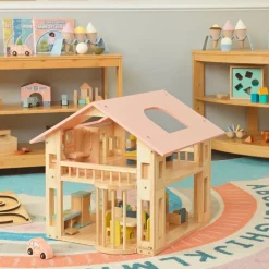 Excellerations® Wooden Deluxe Dollhouse - 28 Pieces - Natural