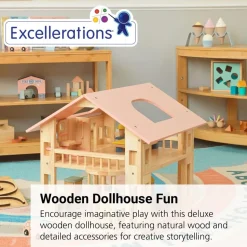 Excellerations® Wooden Deluxe Dollhouse - 28 Pieces - Natural