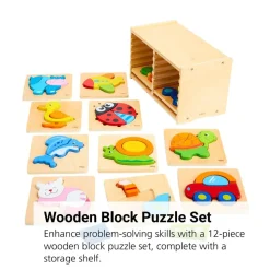 Handy Wooden Block Puzzles - 12 Piece Set with Storage Shelf