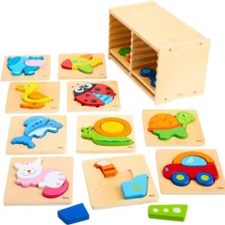 Handy Wooden Block Puzzles - 12 Piece Set with Storage Shelf