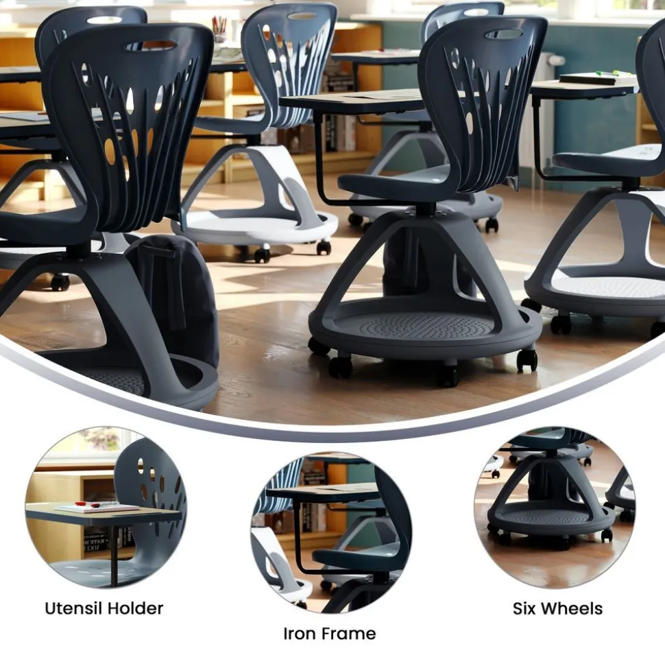 Laikyn Charcoal Mobile Desk Chair with 360 Degree Tablet Rotation and Under Seat Storage Cubby