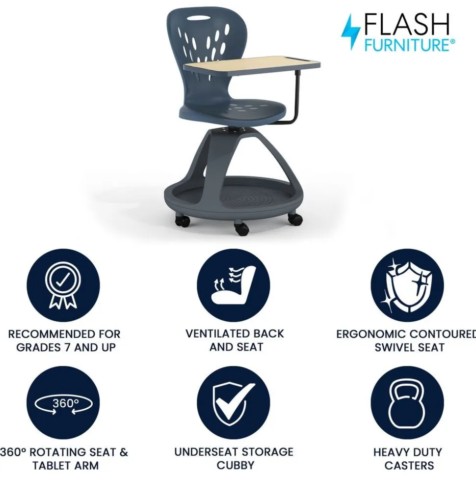 Laikyn Charcoal Mobile Desk Chair with 360 Degree Tablet Rotation and Under Seat Storage Cubby
