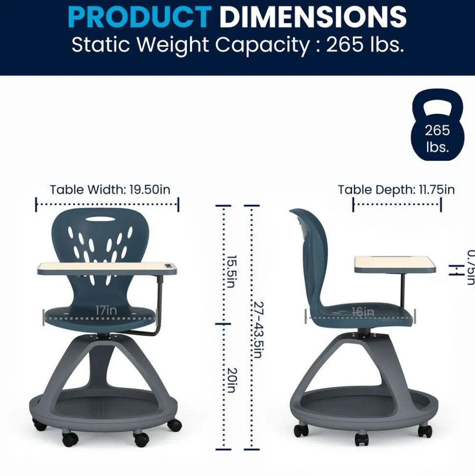 Laikyn Charcoal Mobile Desk Chair with 360 Degree Tablet Rotation and Under Seat Storage Cubby