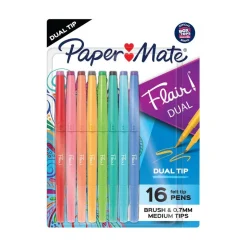 Paper Mate® Flair DUAL Felt Tip Pens, Brush and Medium Tips, Assorted Colors, 16 Count