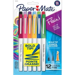 Paper Mate® Flair Pens, Felt Tip Pens, Bold Tip (1.2 mm), Assorted Colors, 12 Count