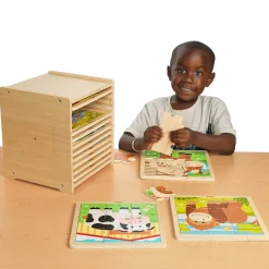 9-Piece Wooden Puzzle - Set of 12 with Storage Shelf