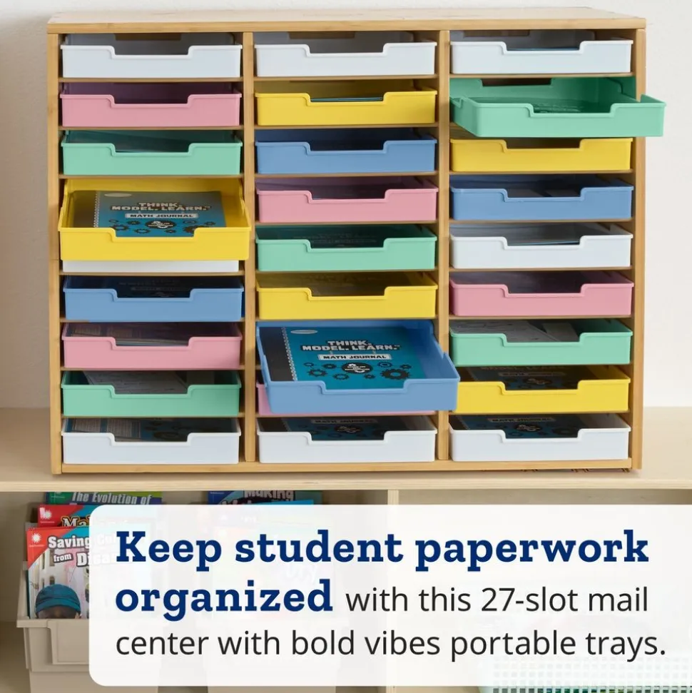 Really Good Stuff® Bamboo 27-Slot Mail Center With Bold Vibes Trays