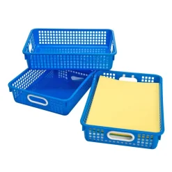 Really Good Stuff® Bamboo Teacher Standing Desk with 3 Blue Baskets