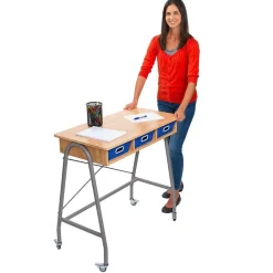 Really Good Stuff® Bamboo Teacher Standing Desk with 3 Blue Baskets