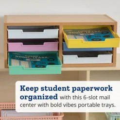 Really Good Stuff® Oak 6-Slot Mail Center With Bold Vibes Trays - 1 mail center, 6 trays