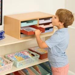 Really Good Stuff® Oak 6-Slot Mail Center With Trays Boho Colors - 1 mail center, 6 trays