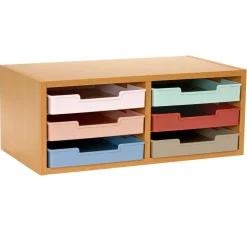 Really Good Stuff® Oak 6-Slot Mail Center With Trays Boho Colors - 1 mail center, 6 trays
