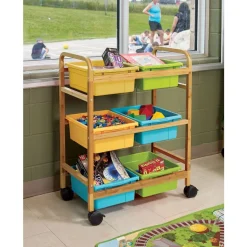 Small Bamboo Book Browser Cart with 6 Tubs- Vibrant Cool
