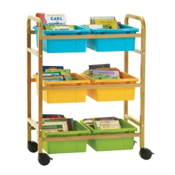 Small Bamboo Book Browser Cart with 6 Tubs- Vibrant Cool