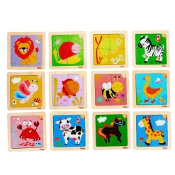 Wooden Mini Flat Puzzle - 12 Piece Set with Storage Shelf