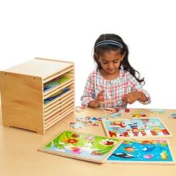 Wooden 16-Piece Puzzle - Set of 12 with Storage Shelf