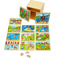 Wooden 16-Piece Puzzle - Set of 12 with Storage Shelf