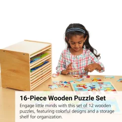 Wooden 16-Piece Puzzle - Set of 12 with Storage Shelf