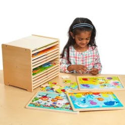 Wooden 24-Piece Puzzle - Set of 12 with Storage Shelf