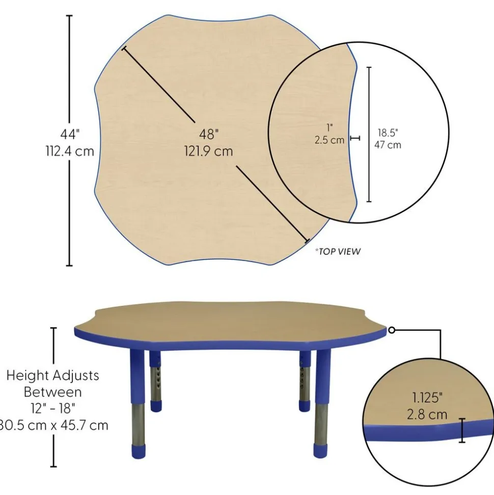 48" x 48" Clover Activity Table with Adjustable Tiny Tot Legs - Maple/Blue
