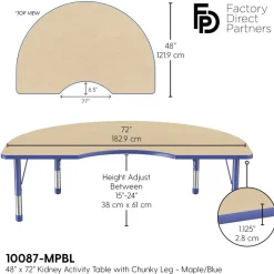 48" x 72" Kidney Activity Table with Adjustable Chunky Legs - Maple/Blue