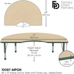 48" x 72" Kidney Activity Table with Adjustable Chunky Legs - Maple/Green