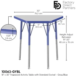 18" x 30" Trapezoid Table with Adjustable Swivel Glide Legs - Gray/Blue